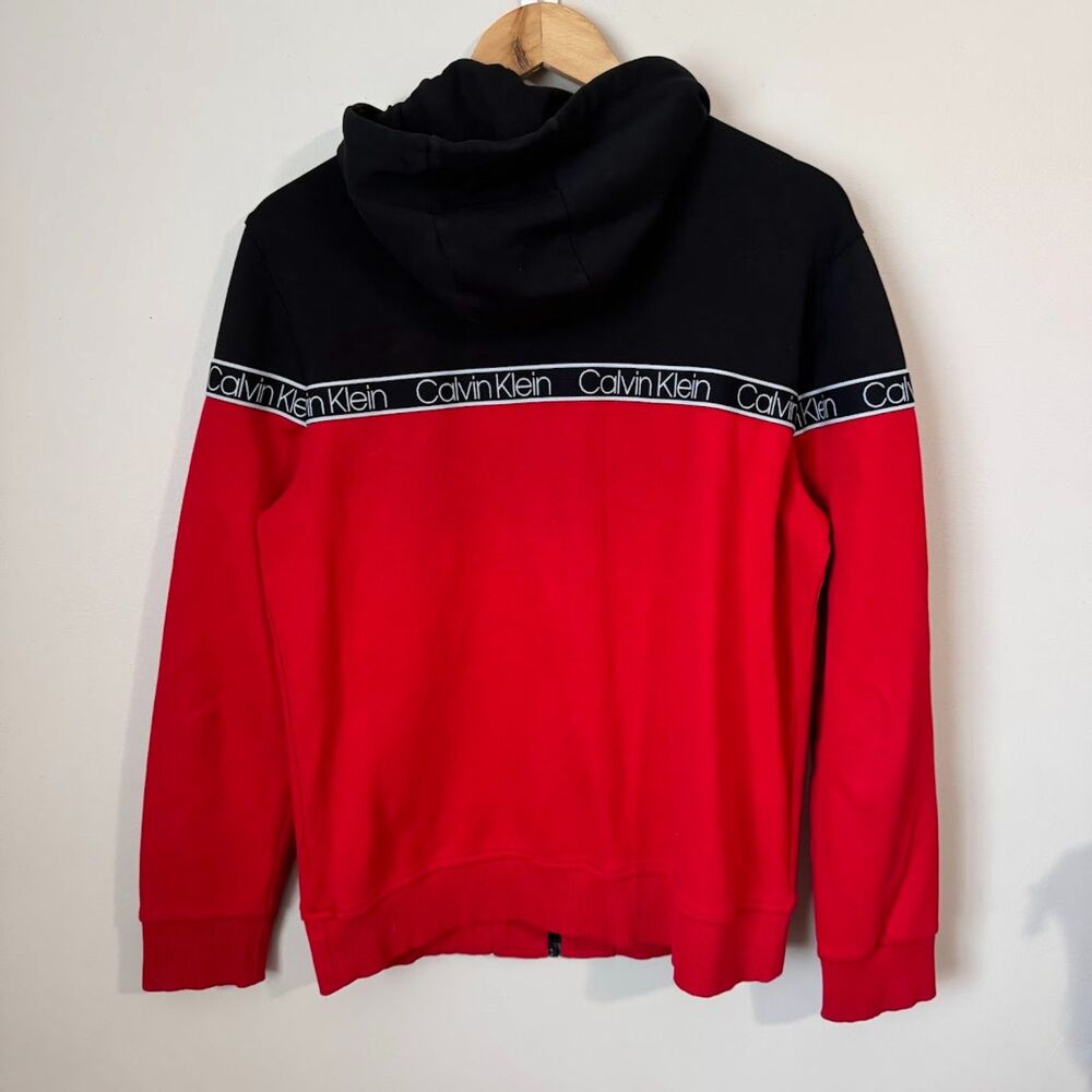 Calvin Klein Large Black Red Tech Jersey Jacket w Hoodie Full Zip Activewear - Picture 2 of 12